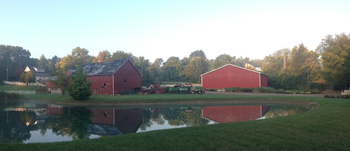 red barn next to a pond