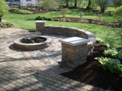 Stone patio, walls, and firepit