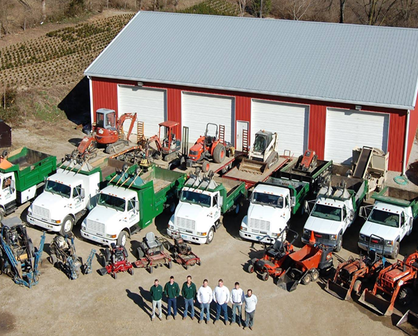 aerial shot of the landscaper team with various vehicles and equipment